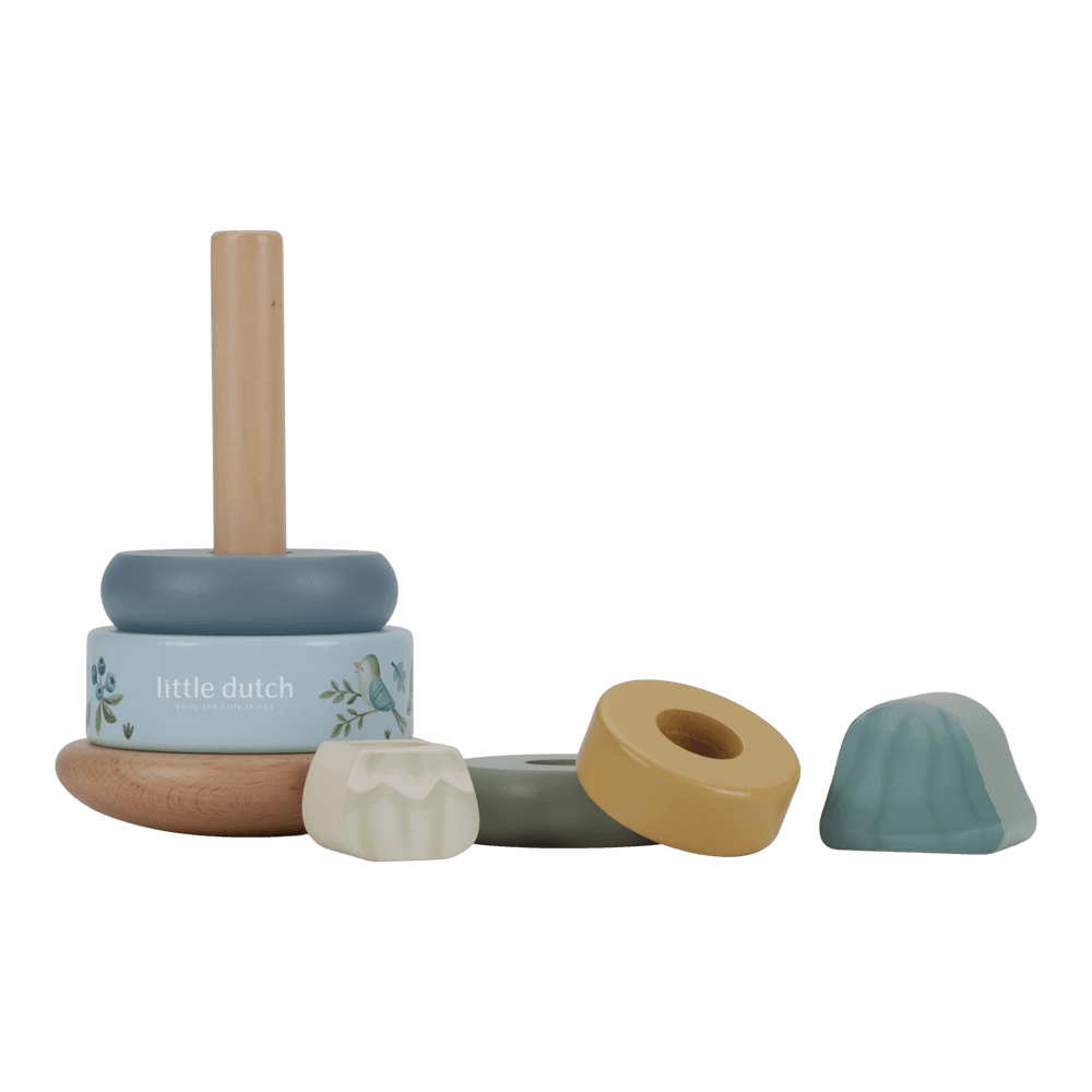 Little Dutch blauer Holz Stapelturm mit Ringen Personalisierung Geburt - Forest Friends mit Verpackung