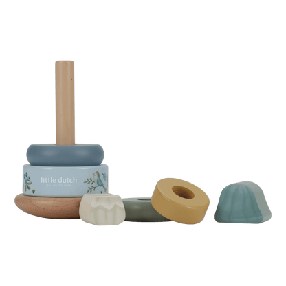 Little Dutch blauer Holz Stapelturm mit Ringen Personalisierung Geburt - Forest Friends mit Verpackung