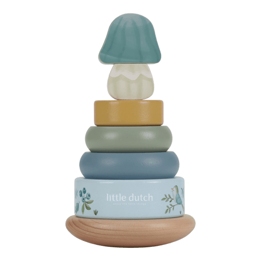 Little Dutch blauer Holz Stapelturm mit Ringen Personalisierung Geburt - Forest Friends im Einsatz