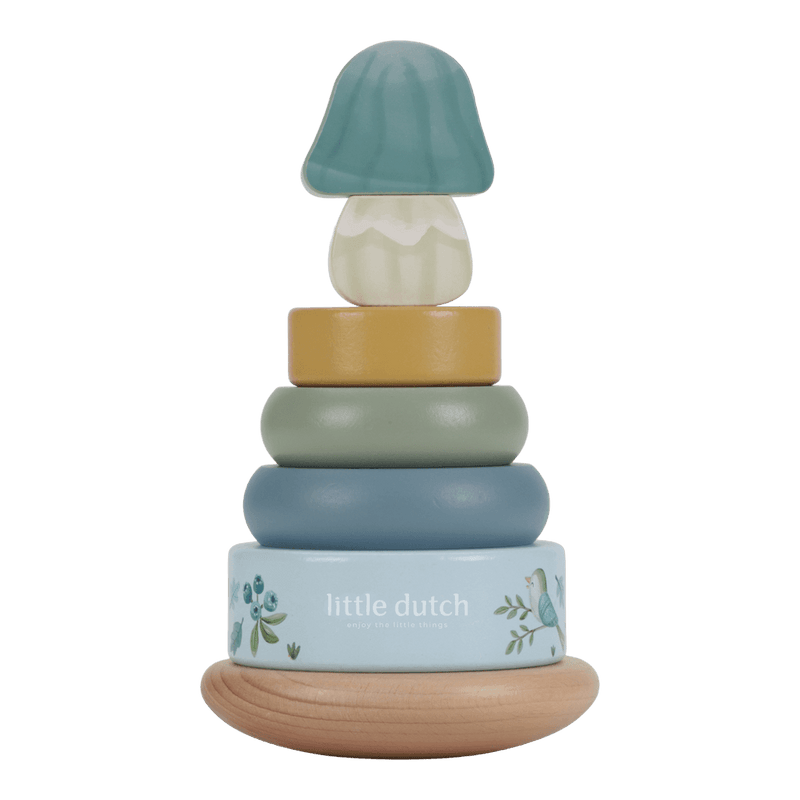 Little Dutch blauer Holz Stapelturm mit Ringen Personalisierung Geburt - Forest Friends im Einsatz