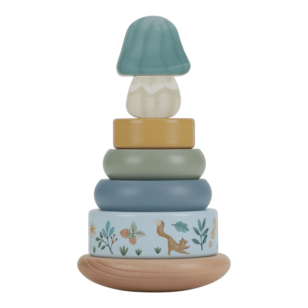 Little Dutch blauer Holz Stapelturm mit Ringen Personalisierung Geburt - Forest Friends Lieferumfang