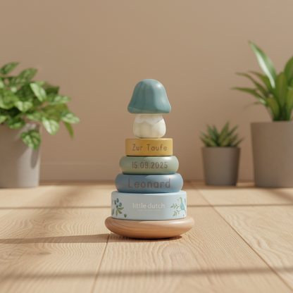 Little Dutch blauer Holz Stapelturm mit Ringen Personalisierung Taufe - Forest Friends