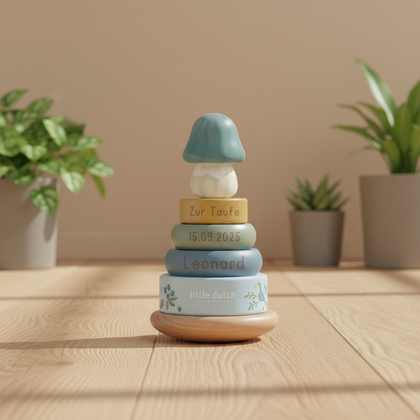 Little Dutch blauer Holz Stapelturm mit Ringen Personalisierung Taufe - Forest Friends