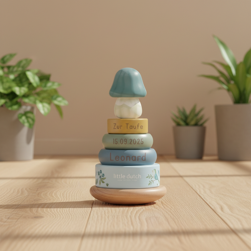 Little Dutch blauer Holz Stapelturm mit Ringen Personalisierung Taufe - Forest Friends