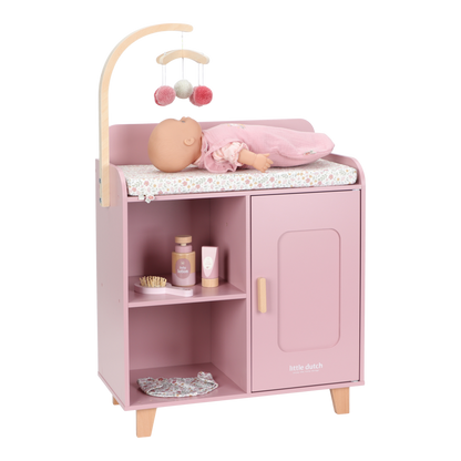 Little Dutch rosa Puppenwickeltisch FSC Holz Funktionen Detail