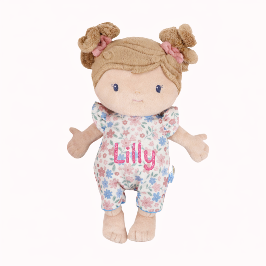 Little Dutch Babypuppe im Körbchen Rosa Personalisierung Name Glitzer von der Seite