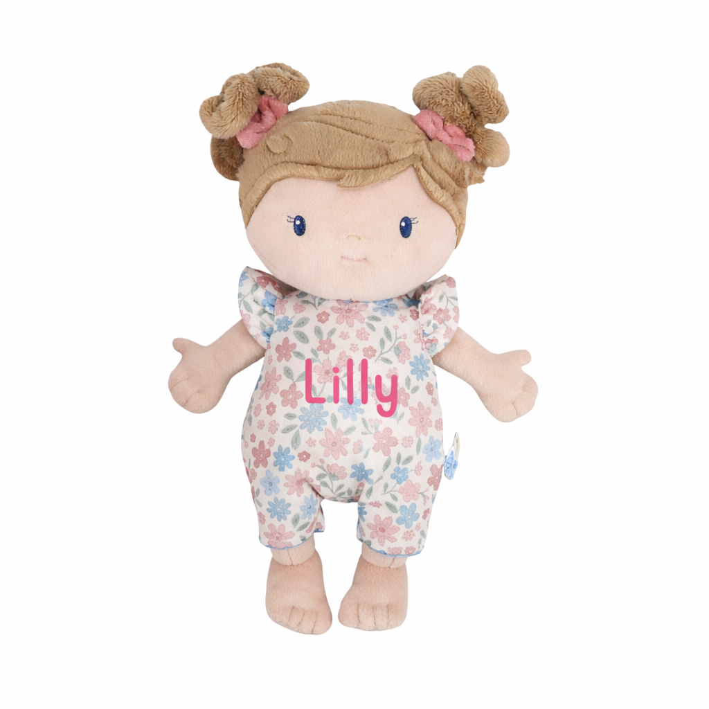 Little Dutch Babypuppe im Körbchen Rosa Personalisierung Name von der Seite