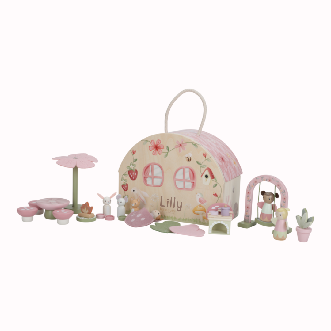 Little Dutch Rosa Feenhaus Holz Fairy Garden Personalisierung mit Namen von der Seite