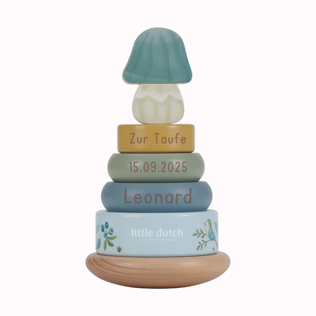 Little Dutch blauer Holz Stapelturm mit Ringen Personalisierung Taufe - Forest Friends Detailansicht