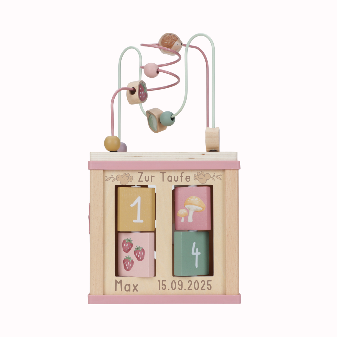 Little Dutch rosa Aktivitäten Motorik Würfel Personalisierung Taufe Fairy Garden Detailansicht