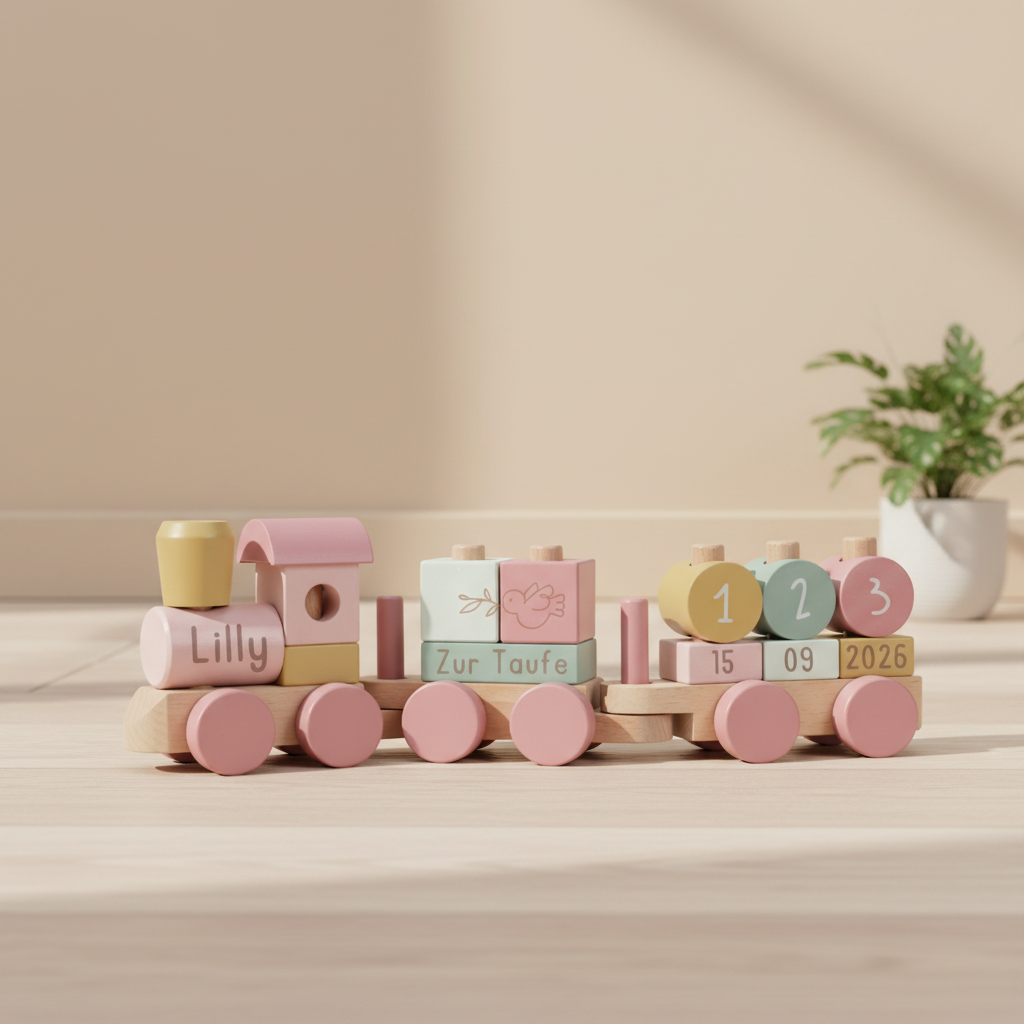 Little Dutch rosa Holz Eisenbahn zur Taufe mit Steck-Formen Fairy Garden