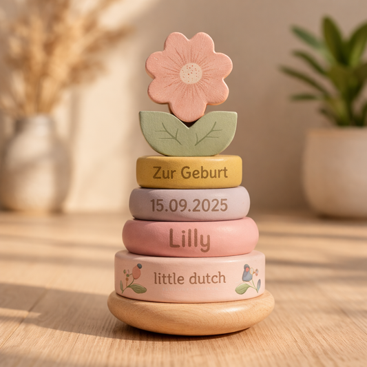 Little Dutch rosa Holz Stapelturm mit Ringen Personalisierung Geburt - Fairy Garden