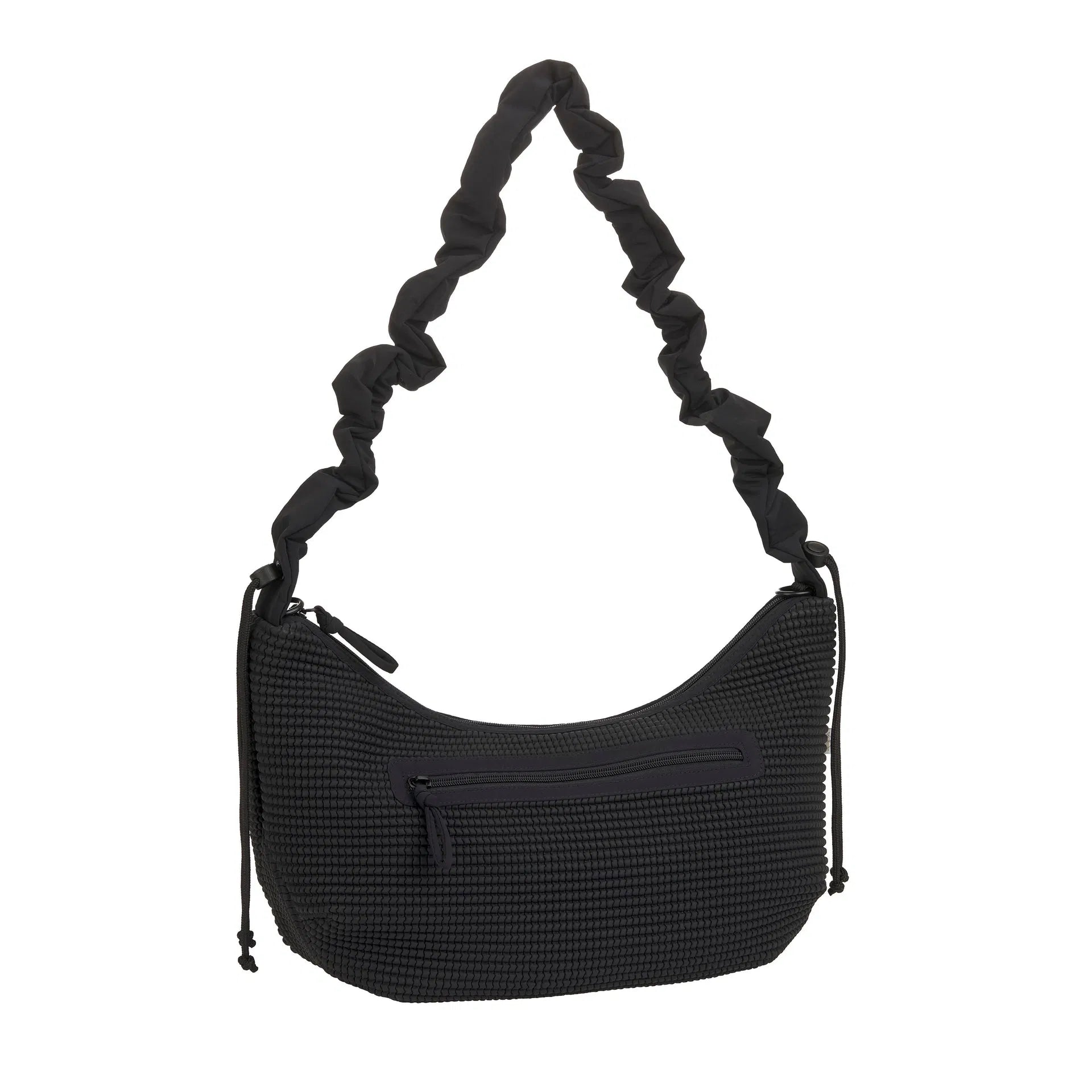 Lässig Wickeltasche Schwarz Crossbody getragen Seitenansicht
