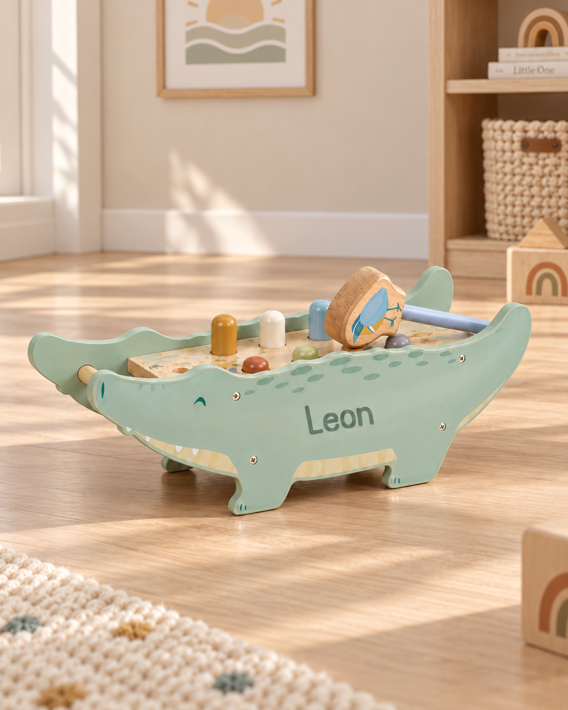 Personalisierte Hammerbank Safari Friends zur Taufe im Kinderzimmer