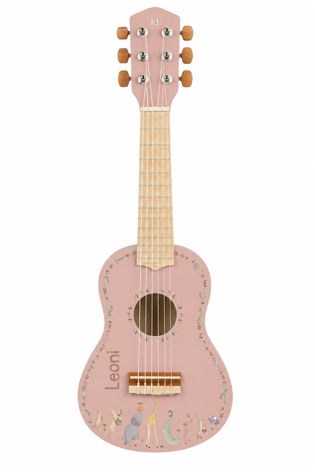 Personalisierte Little Dutch Holzgitarre Rosa Safari Friends mit Namen Leoni auf dem Boden