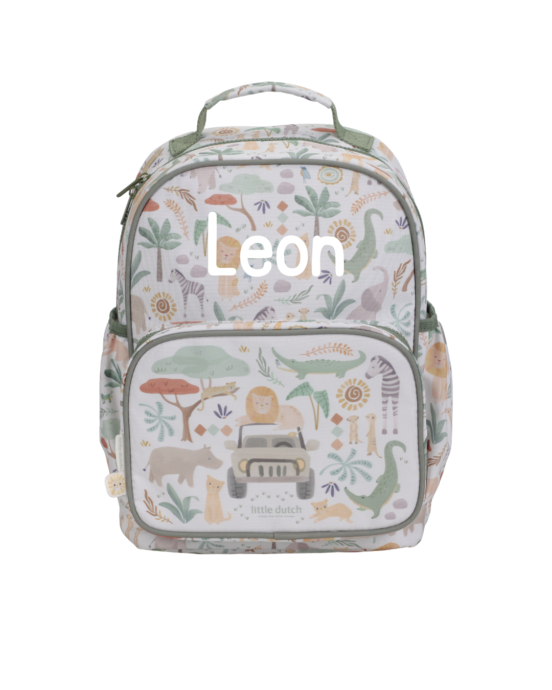 Kinder-Rucksack 35 cm personalisiert mit Wunschnamen, Beispiel Textildruck mit Name Leon