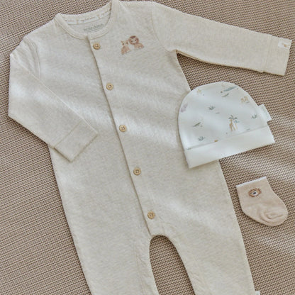 Little Dutch Baby Strampler Beige mit Löwe und Löwin Safari Friends mit Mütze uns Babysocken