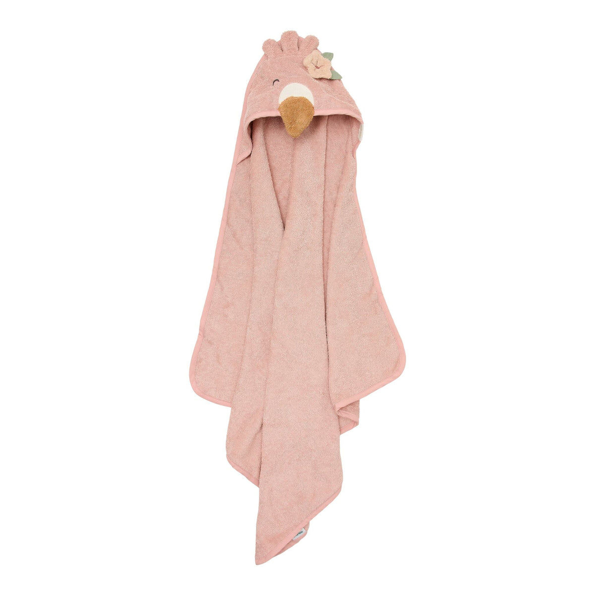  Die Kapuze ist als Flamingokopf gearbeitet, mit gesticktem Gesicht und einer kleinen Stoffblüte als Deko - Little Dutch