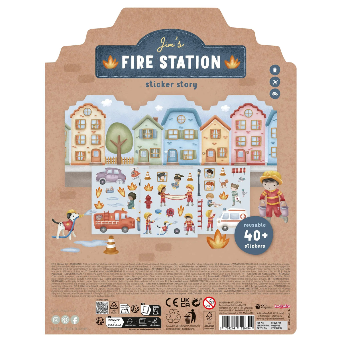 Rückseite der Verpackung der Little Dutch Essentials Feuerwehrstation Aufkleber