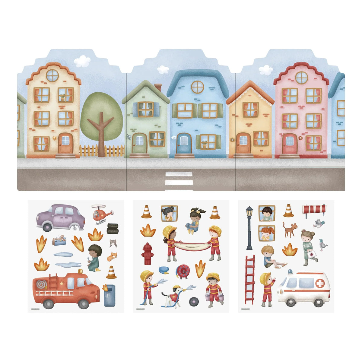 Little Dutch Essentials Spielkulisse mit Häusern und wiederverwendbaren Feuerwehrstickern