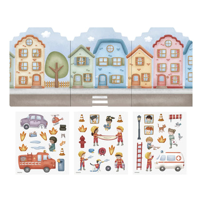 Little Dutch Essentials Spielkulisse mit Häusern und wiederverwendbaren Feuerwehrstickern