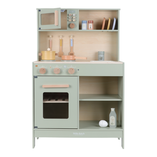 Little Dutch Holzspielküche in Mintgrün mit Backofen, Mikrowelle und Kochgeschirr.
