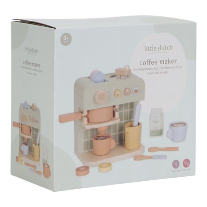Verpackung der Little Dutch Kaffeemaschine mit Produktabbildung, Zubehör und Alterskennzeichnung 3+.