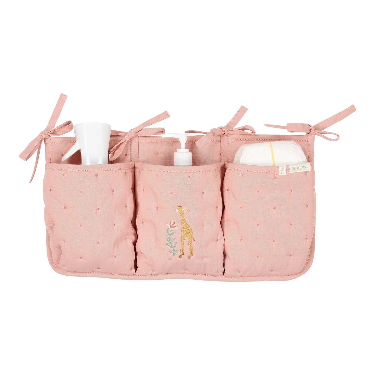 Little Dutch Organizer Giraffe Rosa Blooming Safari mit drei Fächern, beispielhaft befüllt mit Becher, Pumpflasche und Windel
