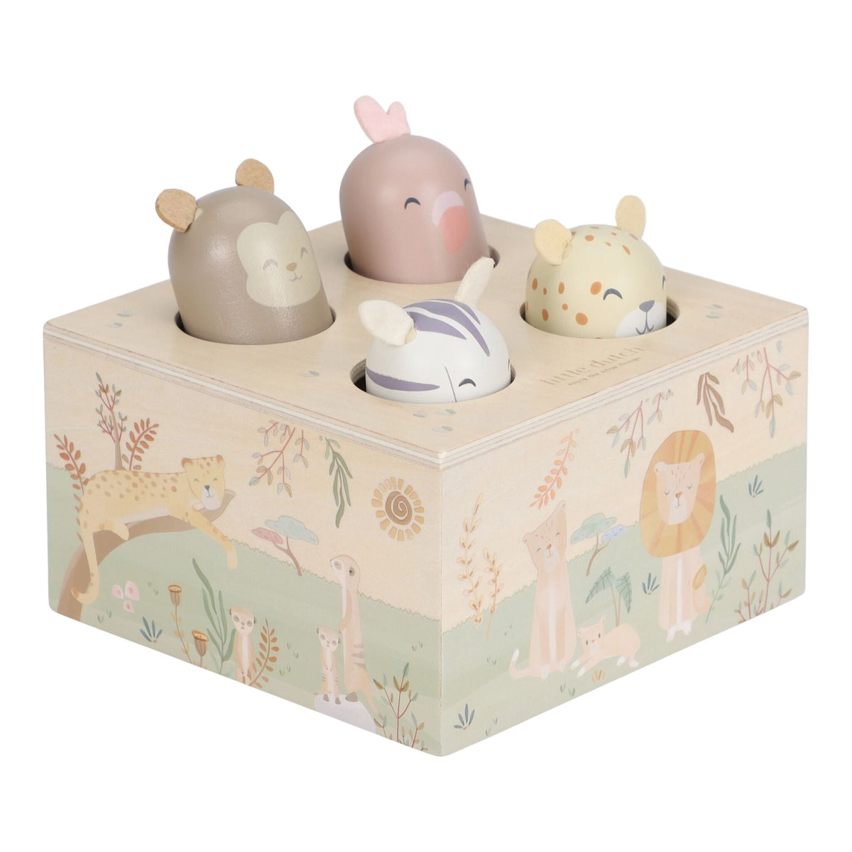 Funktionsprinzip des Little Dutch Pop-up Spielzeugs mit aufspringenden Safari-Tieren