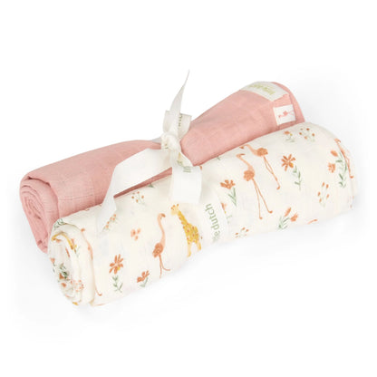 Little Dutch Pucktuch-Set 70x70 cm Blooming Safari, zwei Tücher gerollt: Flamingo Giraffe Druck und rosa uni