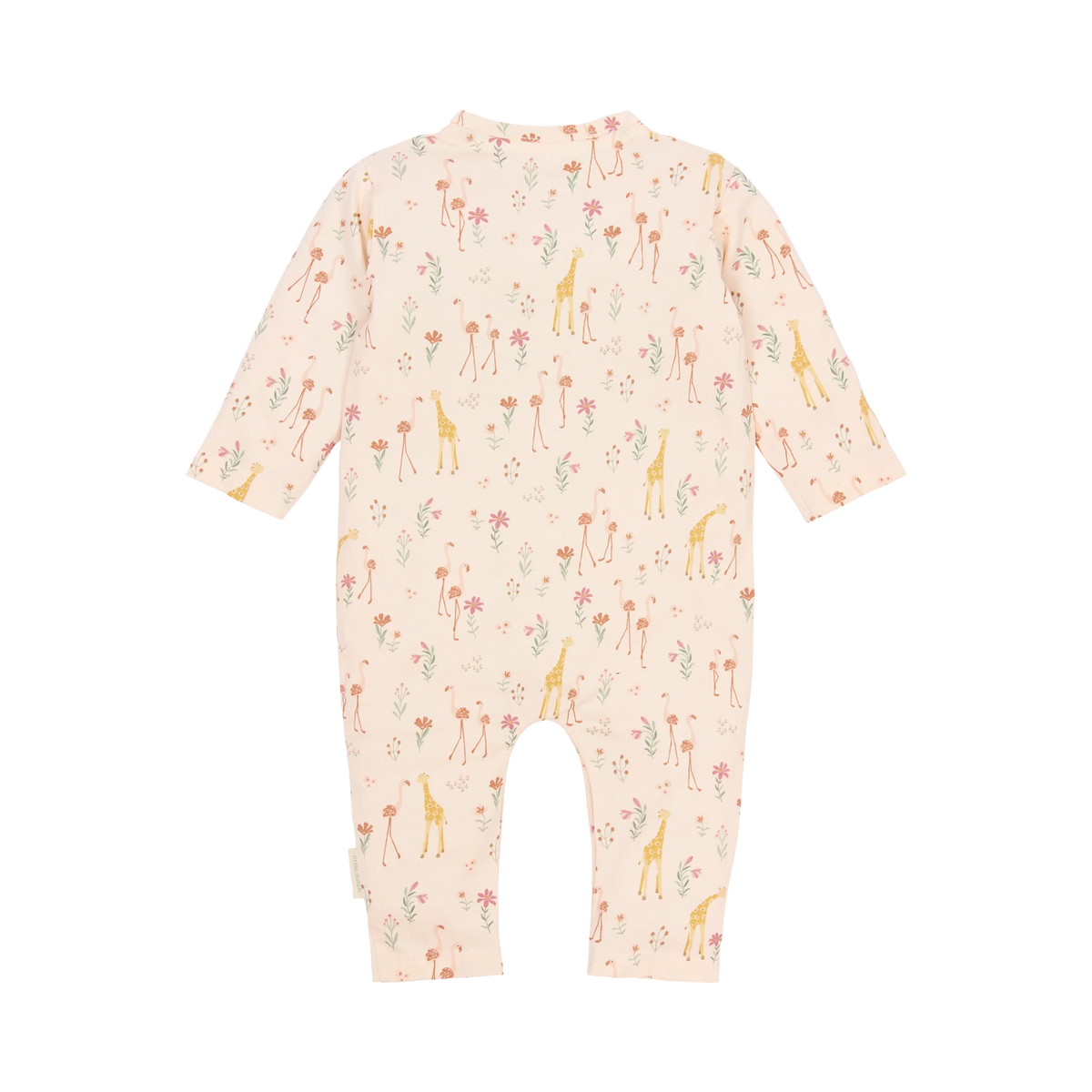 Einteiliger Baby Pyjama mit Flamingo Giraffen und Blumen von Little Dutch - Rückansicht