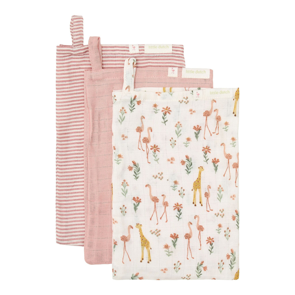 Little Dutch Waschhandschuh Set Blooming Safari, gestreift, rosa uni und Flamingo Giraffe Muster te50556047
