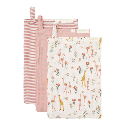 Little Dutch Waschhandschuh Set Blooming Safari, gestreift, rosa uni und Flamingo Giraffe Muster te50556047