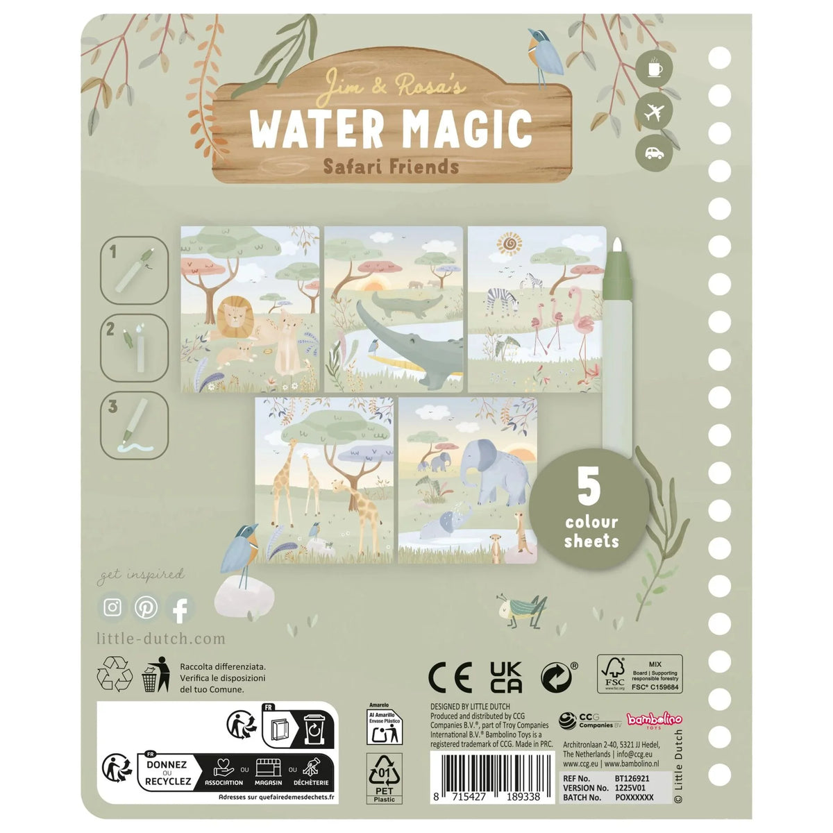 Rückseite Safari Friends Wassermalbuch – Jim von Little Dutch