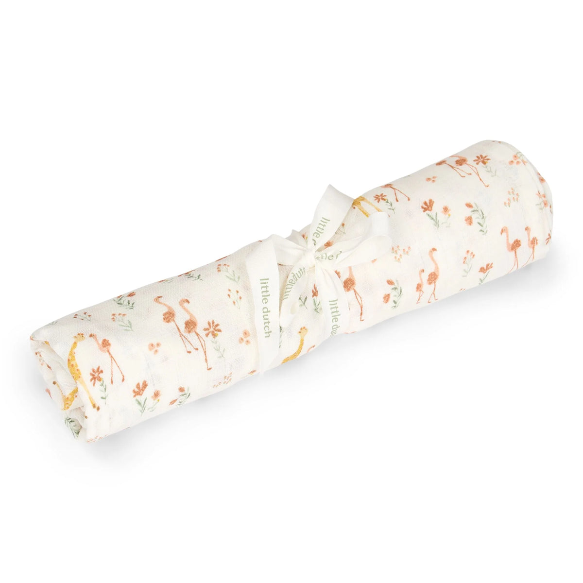 Little Dutch Pucktuch 120x120 cm Blooming Safari, gerollt mit Flamingo Giraffe Musselindruck