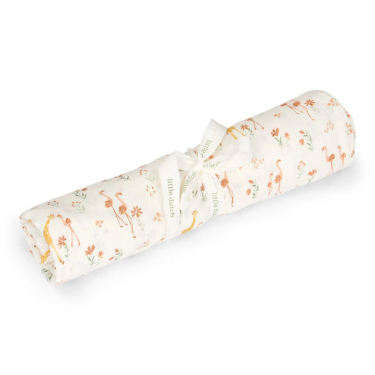 Little Dutch Pucktuch 120x120 cm Blooming Safari, gerollt mit Flamingo Giraffe Musselindruck