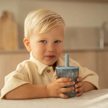 Little Dutch Kinder Trinkglas blau Mio 250ml mit Trinkhalm Mepal - Forest Friends