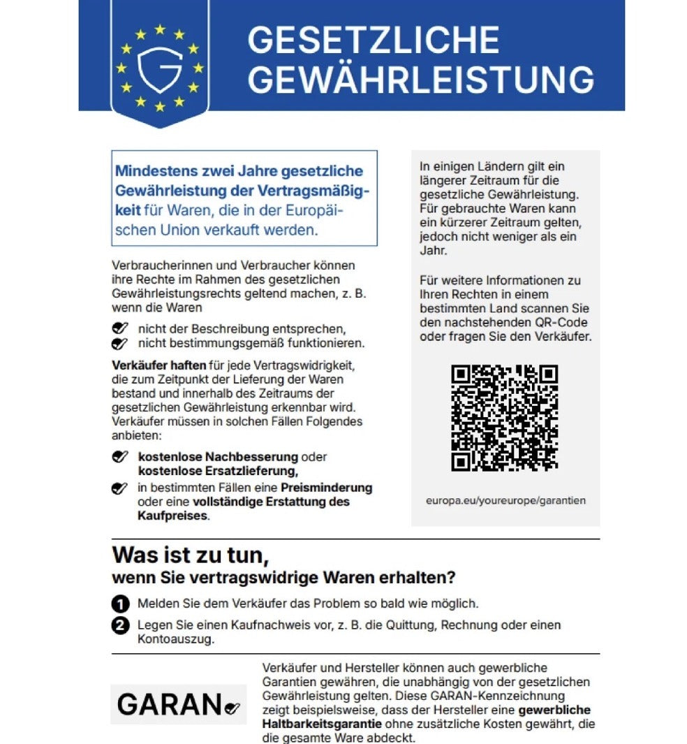 Offizielle EU Mitteilung Gesetzliche Gewährleistung: mindestens zwei Jahre Gewährleistung für Waren in der Europäischen Union, Verkäuferhaftung bei Vertragswidrigkeit mit Anspruch auf Nachbesserung, Ersatzlieferung, Preisminderung oder Erstattung, weitere Informationen unter europa.eu/youreurope/garantien